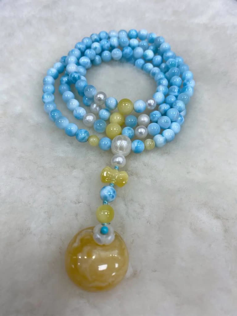 Larimar Beaded Necklace with Statement Yellow Pendant